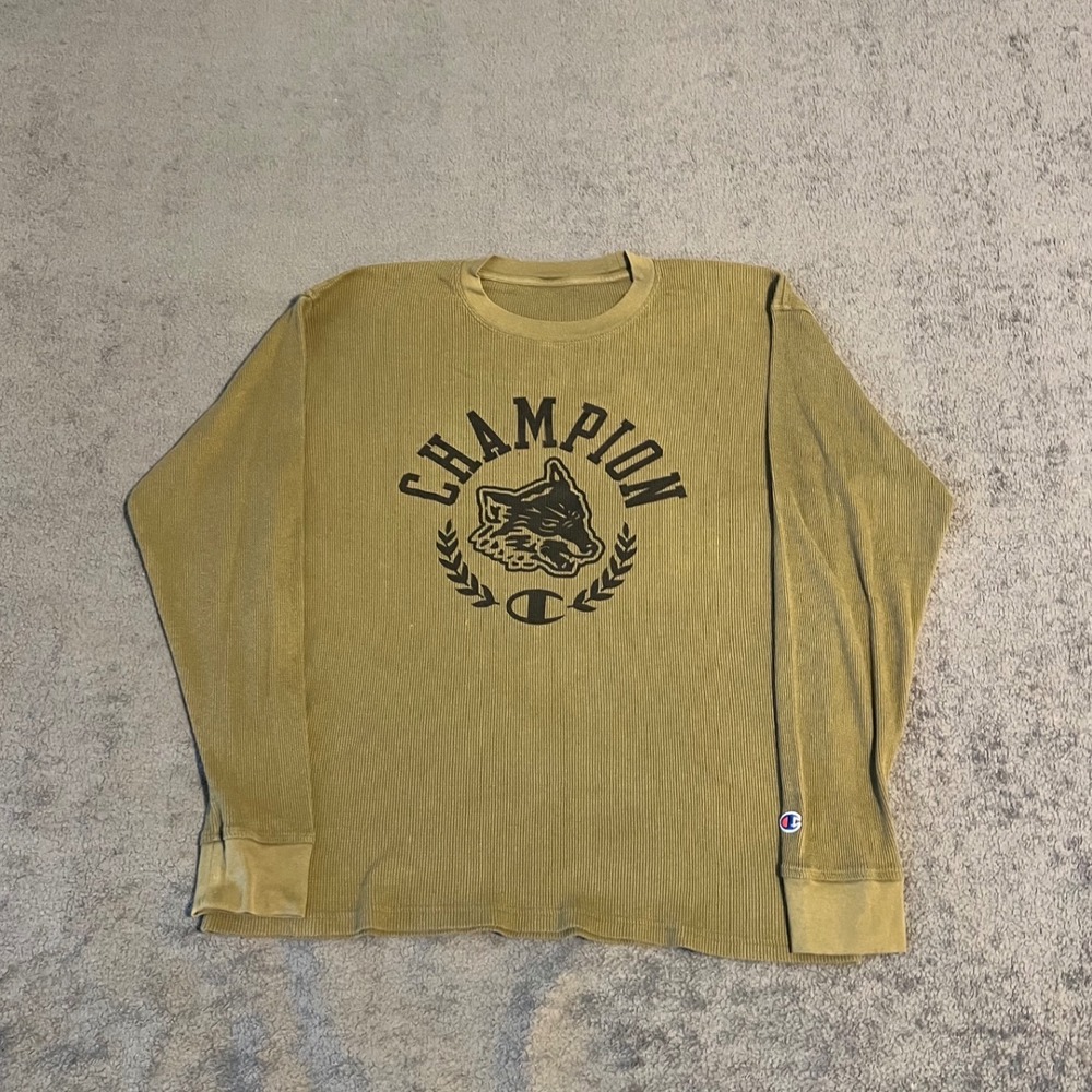 Vintage Y2K Champion Mens Waffle Knit Thermal Long Sleeve Shirt Wolf Green XL